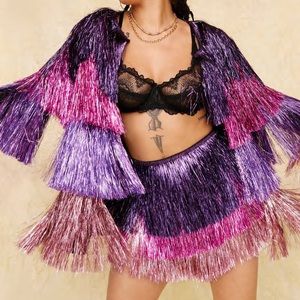 Metallic Tiered Fringe Jacket
